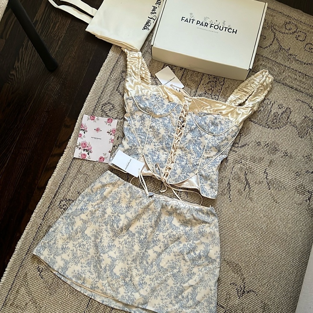 FAIT PAR FOUTCH Blue Toie Corset & Skirt Set